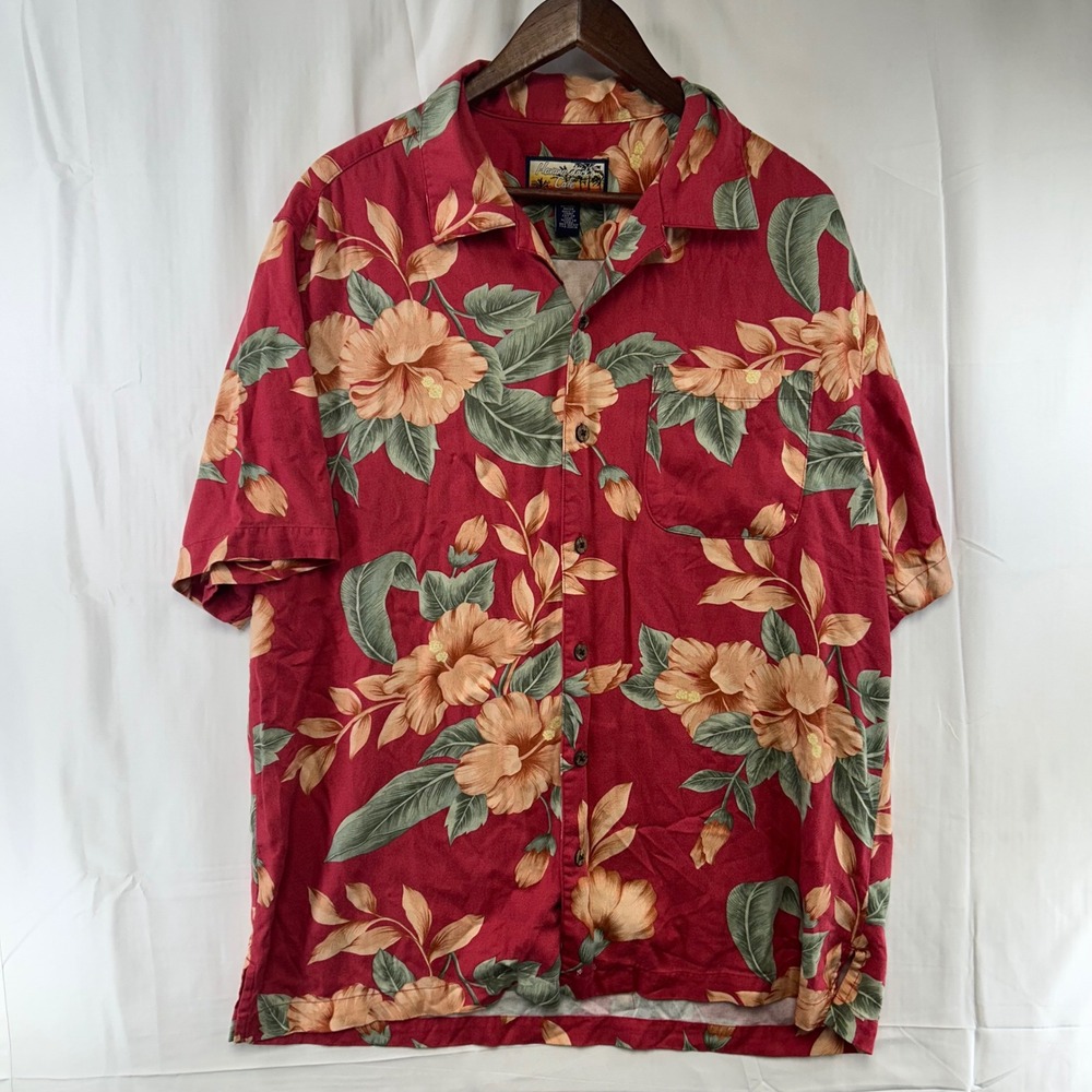 Havana Jacks Cafe Hawaiian Shirt‎ Mens Large Red Floral Hibiscus Rayon Camp
